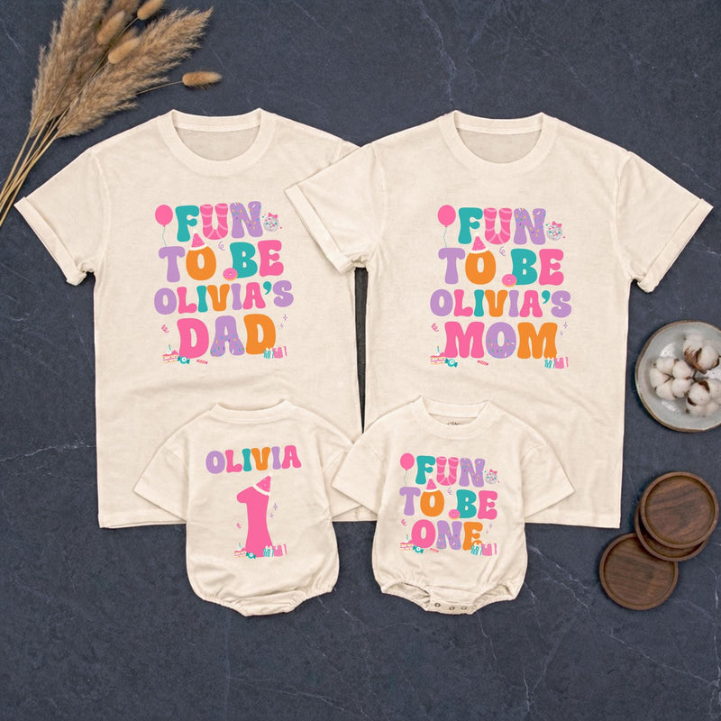 Personalized 1st Birthday Outfit Fun To Be One Bubble Romper and Family Matching Shirts for Baby Girl Party Celebration Custom Name Gift