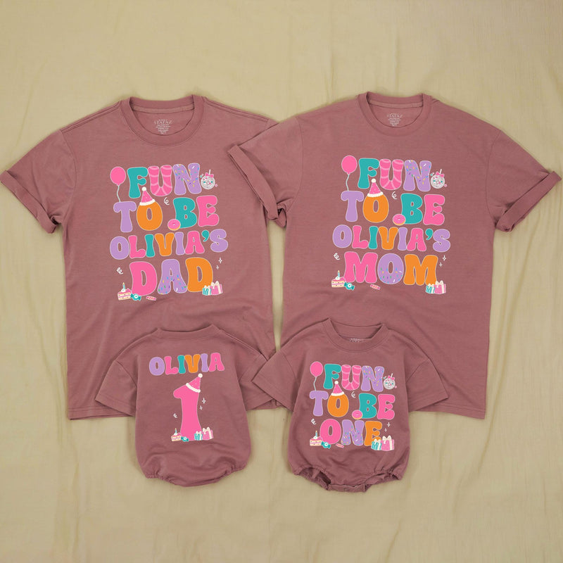 Personalized 1st Birthday Outfit Fun To Be One Bubble Romper and Family Matching Shirts for Baby Girl Party Celebration Custom Name Gift