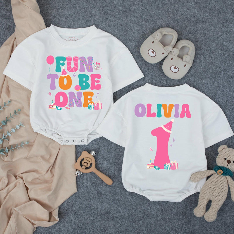 Personalized 1st Birthday Outfit Fun To Be One Bubble Romper and Family Matching Shirts for Baby Girl Party Celebration Custom Name Gift