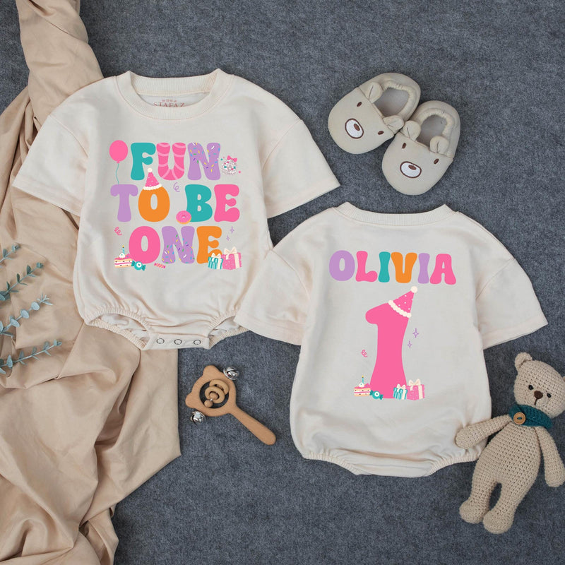 Personalized 1st Birthday Outfit Fun To Be One Bubble Romper and Family Matching Shirts for Baby Girl Party Celebration Custom Name Gift