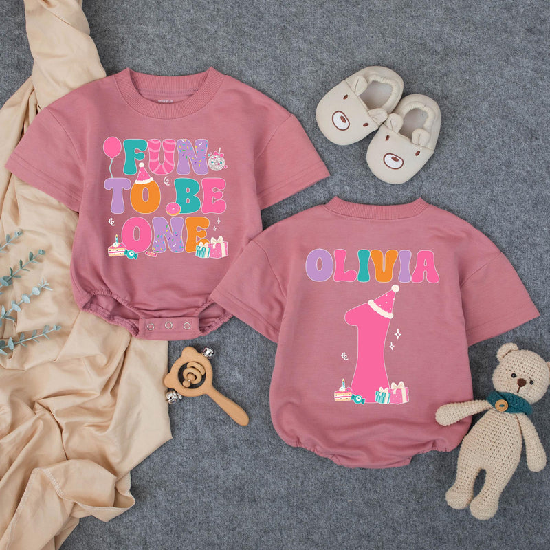 Personalized 1st Birthday Outfit Fun To Be One Bubble Romper and Family Matching Shirts for Baby Girl Party Celebration Custom Name Gift