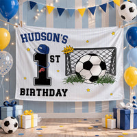 Personalized 1st Birthday Soccer Banner for Boys with Custom Name and Sports Theme, Photo Backdrop Party Decor Featuring Blue Hat and Stars