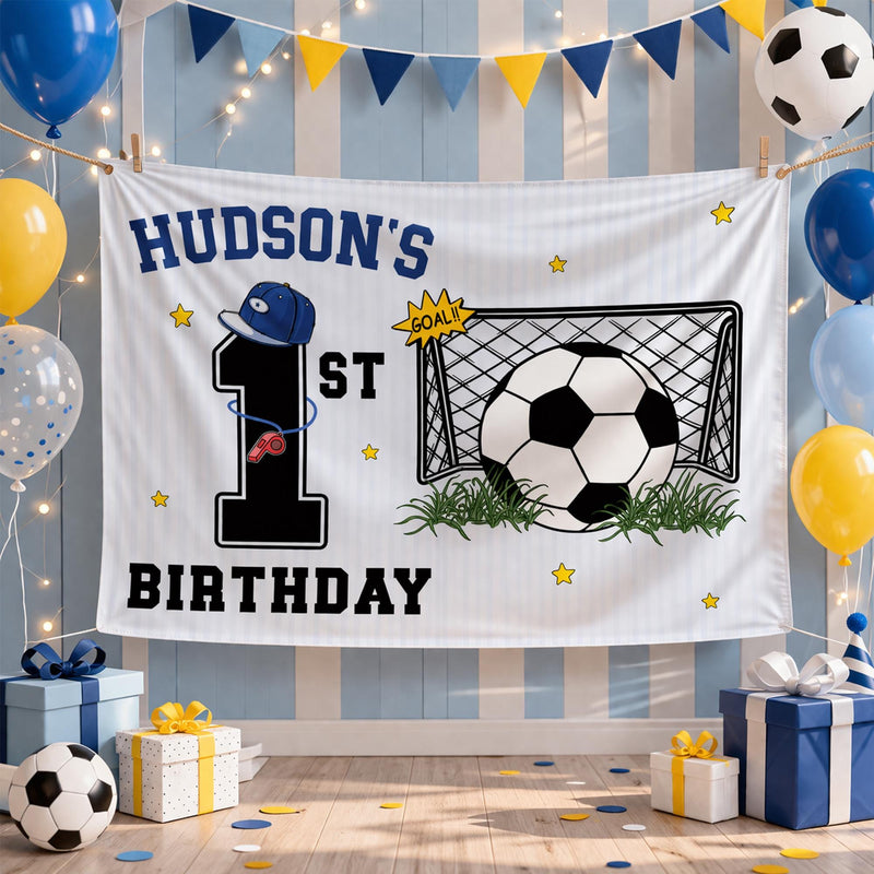 Personalized 1st Birthday Soccer Banner for Boys with Custom Name and Sports Theme, Photo Backdrop Party Decor Featuring Blue Hat and Stars