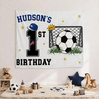 Personalized 1st Birthday Soccer Banner for Boys with Custom Name and Sports Theme, Photo Backdrop Party Decor Featuring Blue Hat and Stars