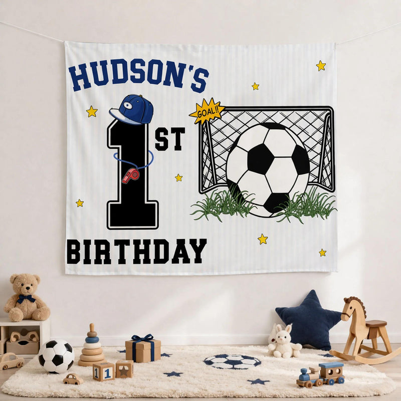 Personalized 1st Birthday Soccer Banner for Boys with Custom Name and Sports Theme, Photo Backdrop Party Decor Featuring Blue Hat and Stars