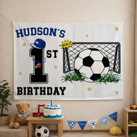 Personalized 1st Birthday Soccer Banner for Boys with Custom Name and Sports Theme, Photo Backdrop Party Decor Featuring Blue Hat and Stars