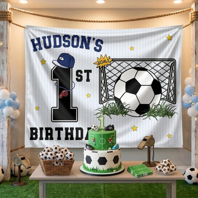 Personalized 1st Birthday Soccer Banner for Boys with Custom Name and Sports Theme, Photo Backdrop Party Decor Featuring Blue Hat and Stars
