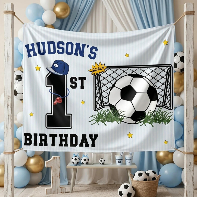 Personalized 1st Birthday Soccer Banner for Boys with Custom Name and Sports Theme, Photo Backdrop Party Decor Featuring Blue Hat and Stars
