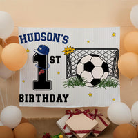 Personalized 1st Birthday Soccer Banner for Boys with Custom Name and Sports Theme, Photo Backdrop Party Decor Featuring Blue Hat and Stars