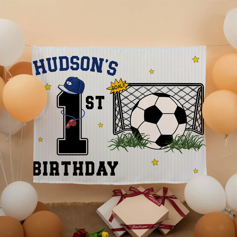 Personalized 1st Birthday Soccer Banner for Boys with Custom Name and Sports Theme, Photo Backdrop Party Decor Featuring Blue Hat and Stars