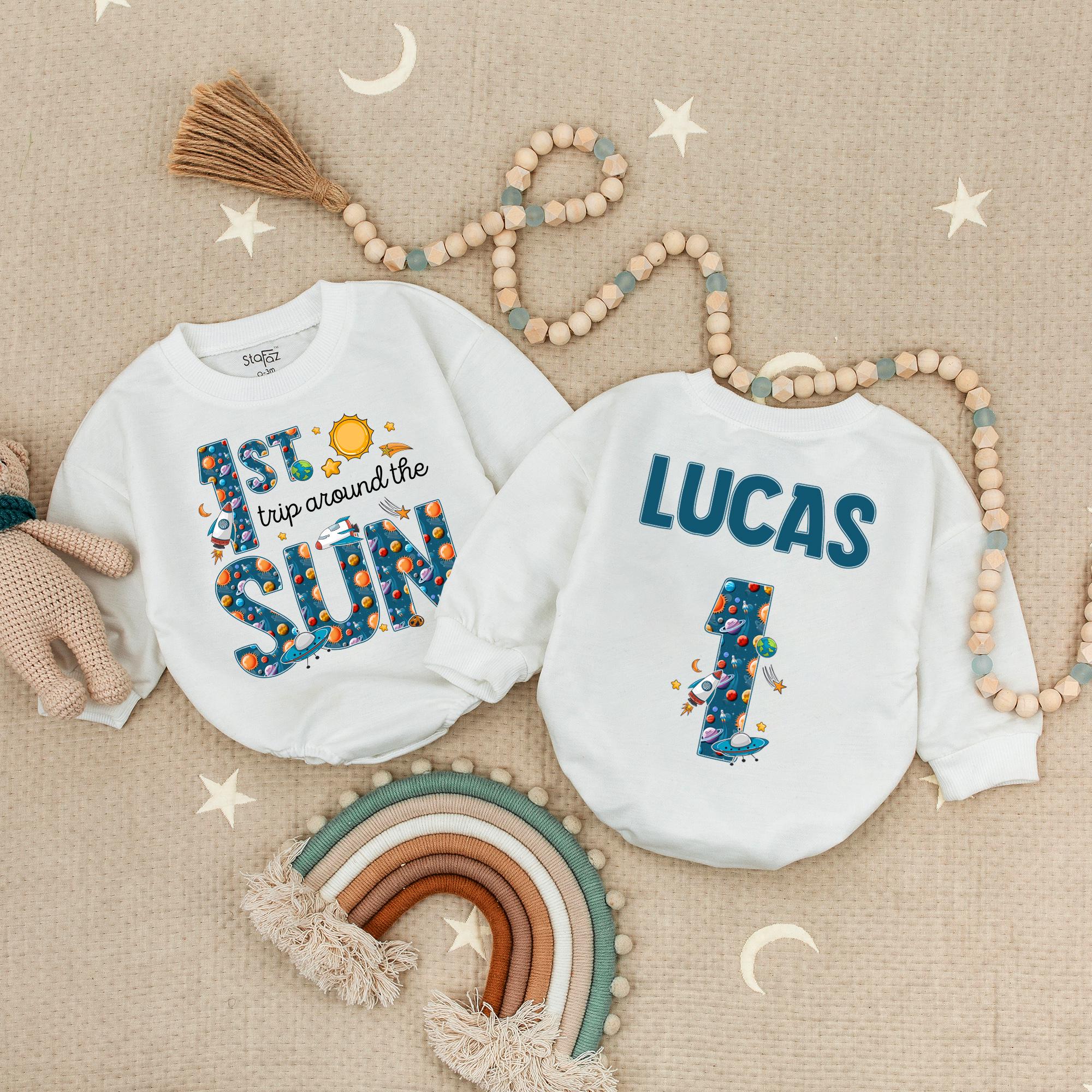 Personalized 1st Birthday Space Romper for Baby Boy Lucas Fun Sun and Stars Design Party Outfit Comfortable Cotton Gift