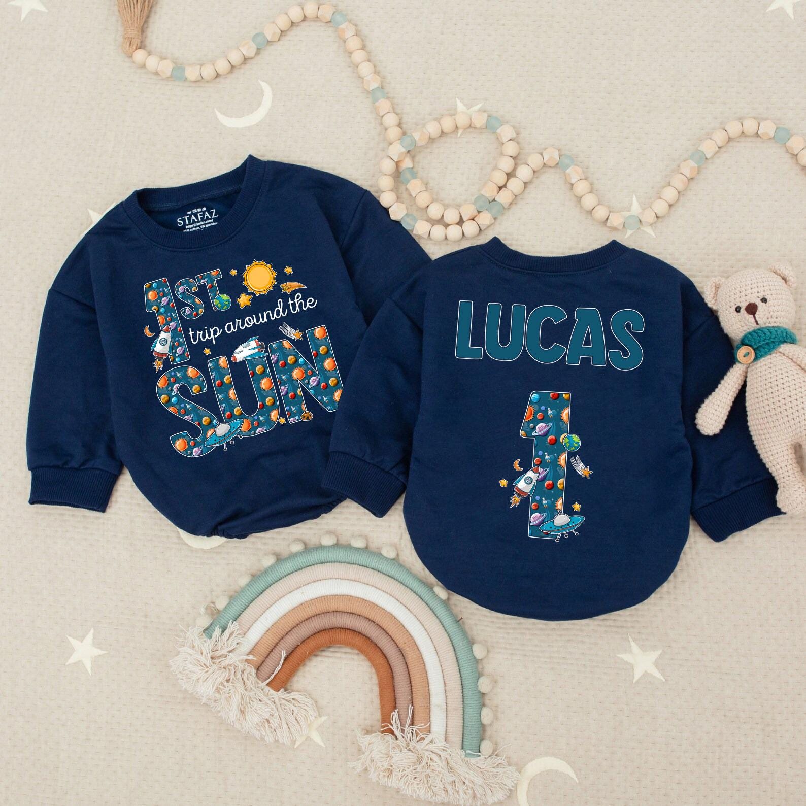 Personalized 1st Birthday Space Romper for Baby Boy Lucas Fun Sun and Stars Design Party Outfit Comfortable Cotton Gift