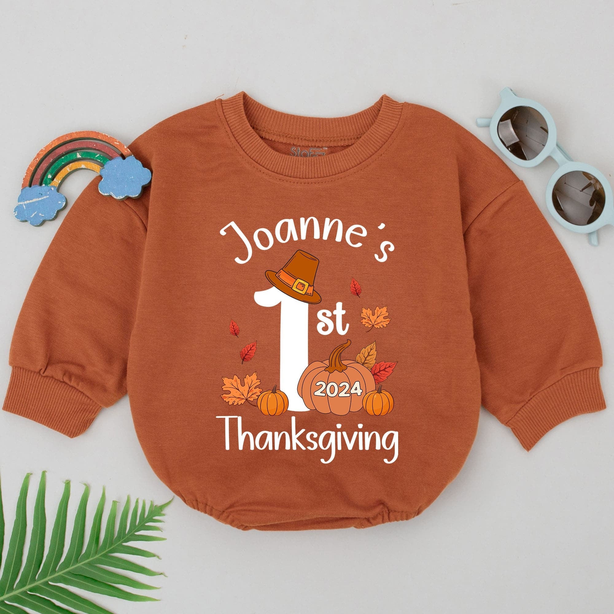 Personalized 1st Thanksgiving Baby Romper with Pumpkin Design Soft Cotton Infant Holiday Outfit Custom Name 2024 Fall Celebration