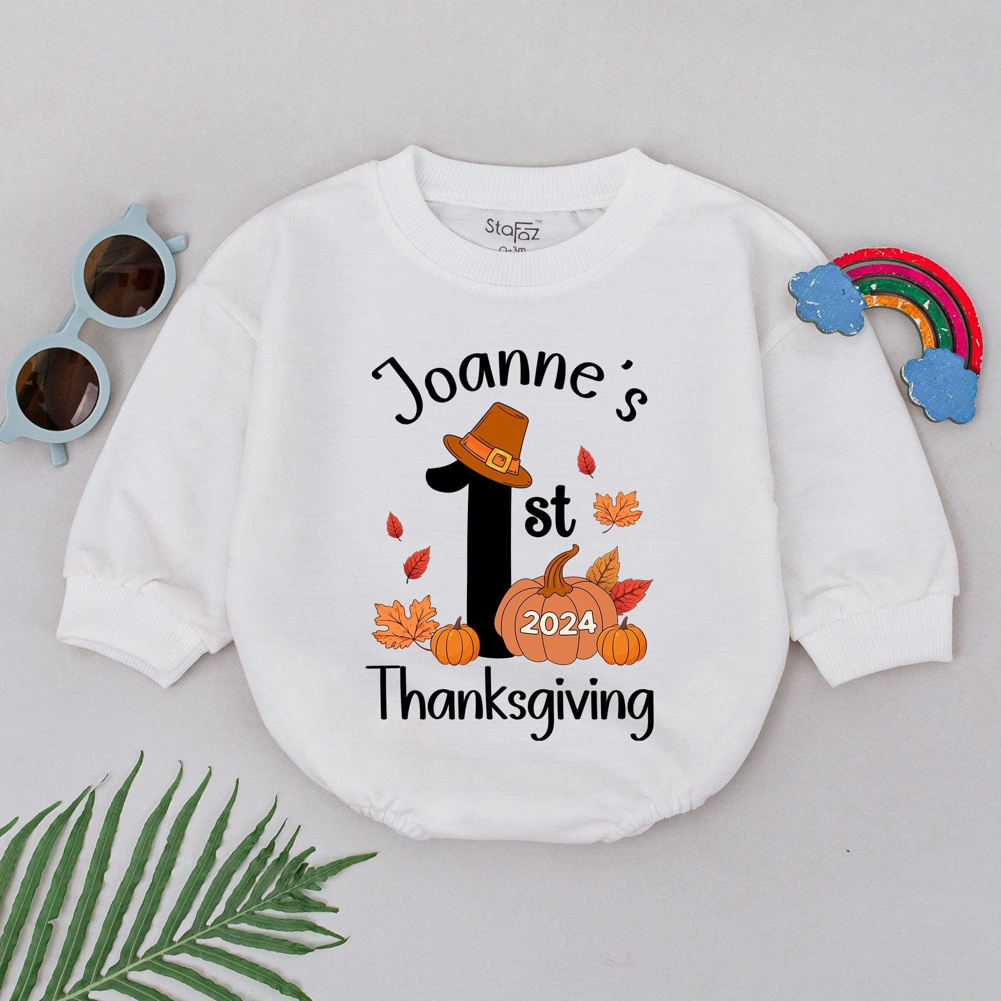 Personalized 1st Thanksgiving Baby Romper with Pumpkin Design Soft Cotton Infant Holiday Outfit Custom Name 2024 Fall Celebration
