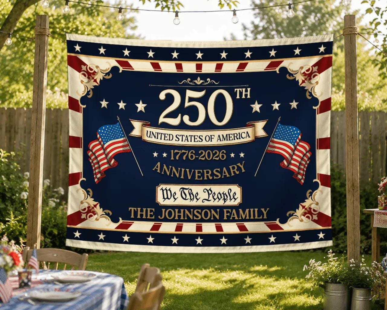 Personalized 250th Anniversary Silk Banner with Family Name, USA Patriotic Decor Perfect for 4th of July Celebrations and Semiquincentennial