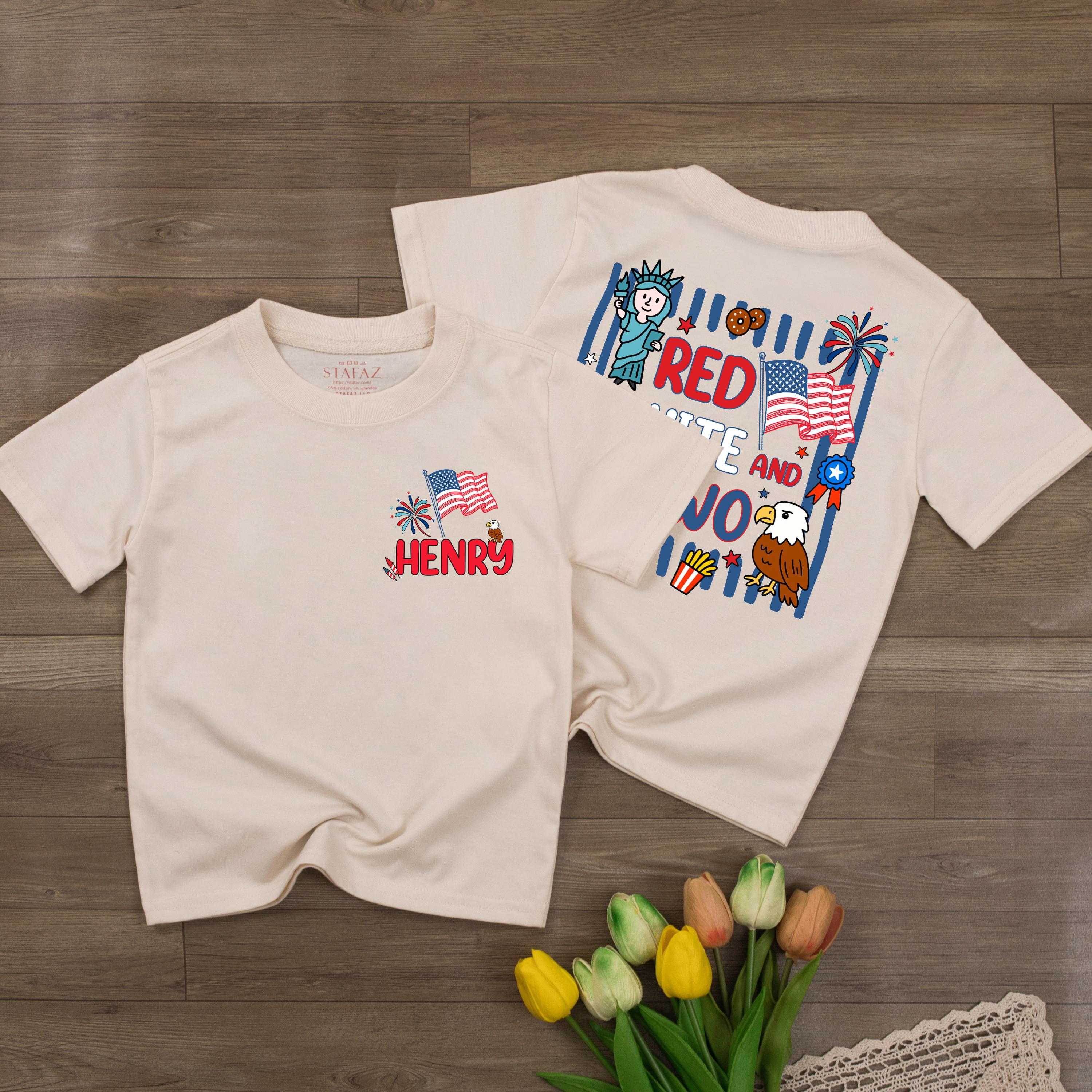 Personalized 2nd Birthday Boy Shirt with Henry Name Red White and Two Design Patriotic Cartoon Style Outfit for Toddler Party Celebration