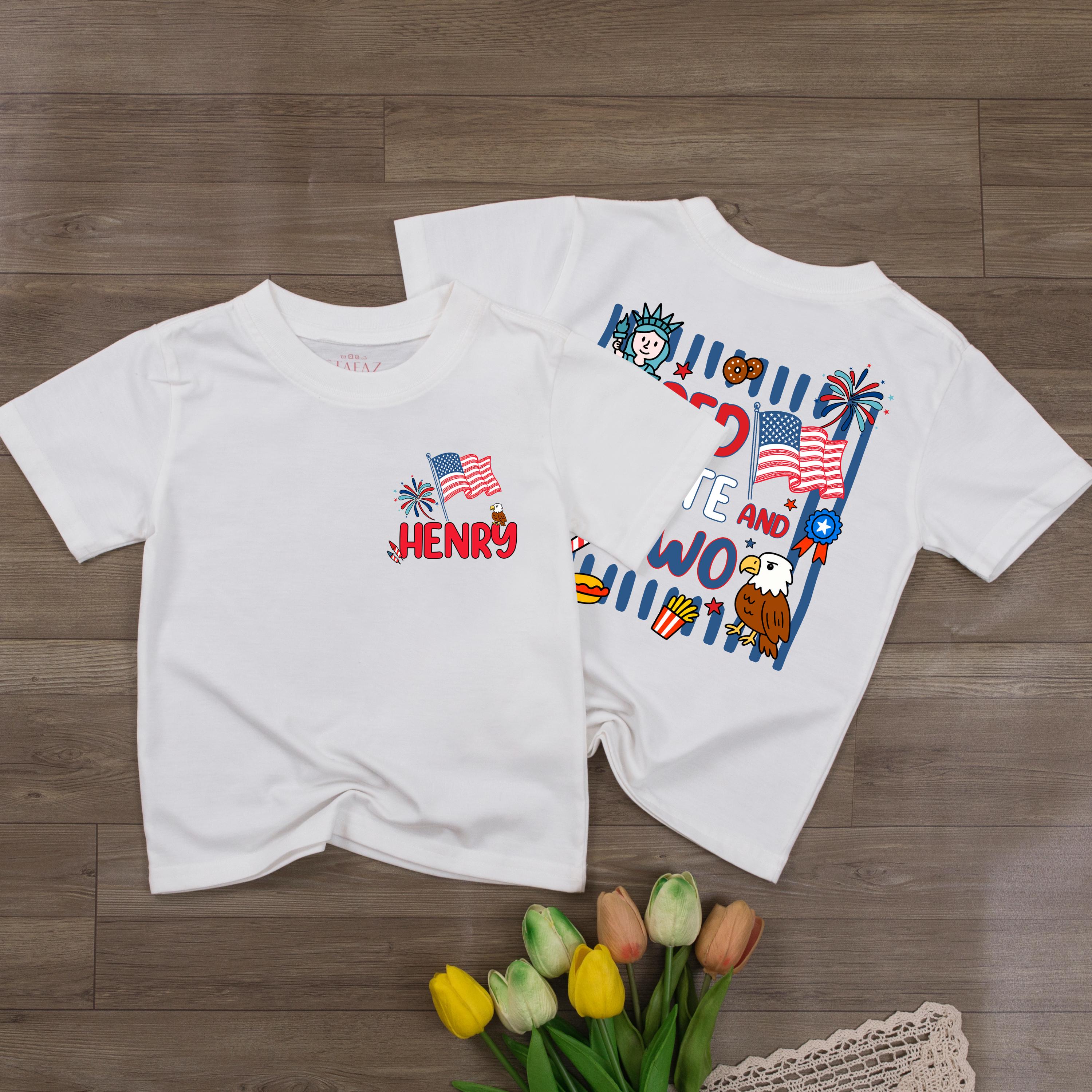 Personalized 2nd Birthday Boy Shirt with Henry Name Red White and Two Design Patriotic Cartoon Style Outfit for Toddler Party Celebration
