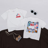 Personalized 2nd Birthday Boy Shirt with Henry Name Red White and Two Design Patriotic Cartoon Style Outfit for Toddler Party Celebration