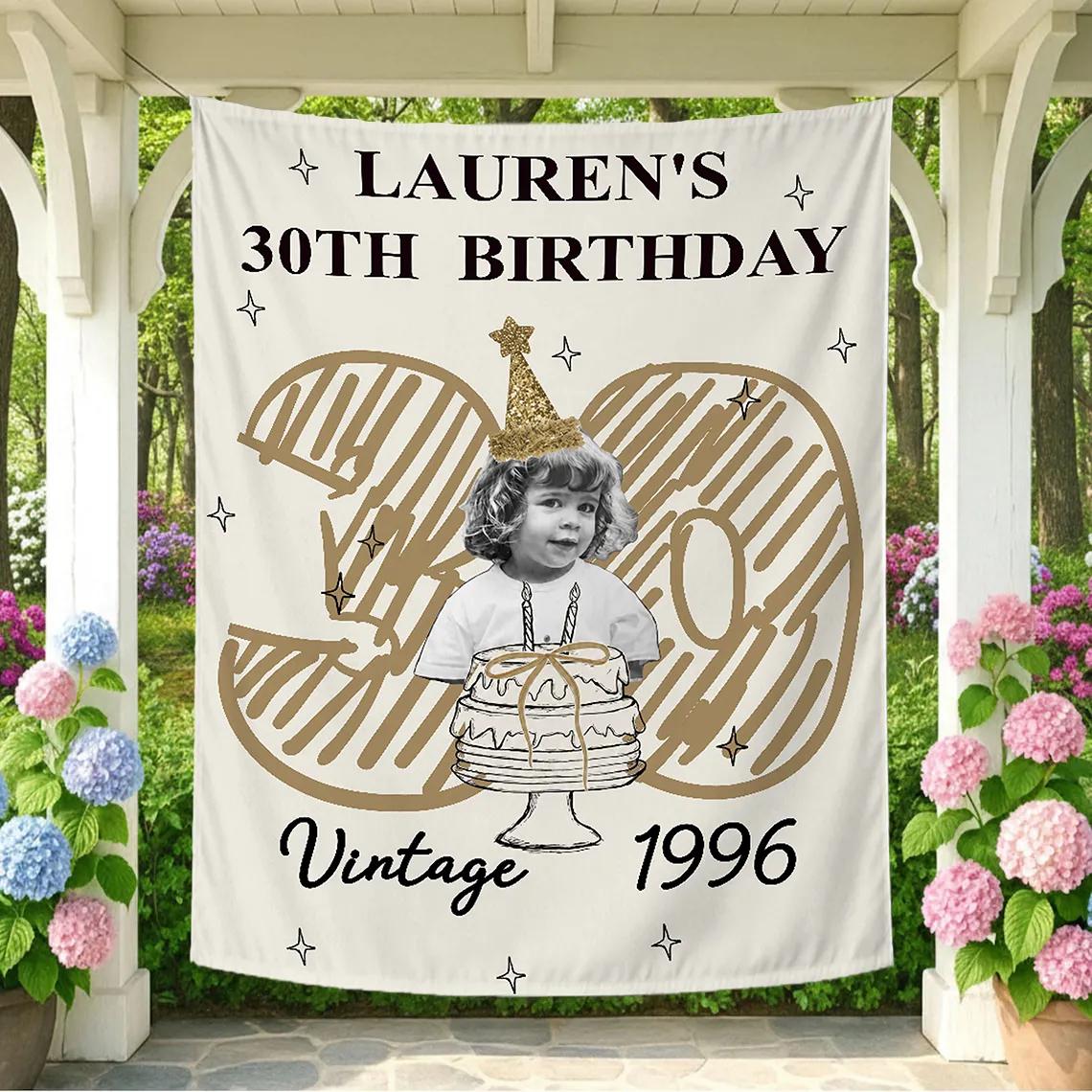 Personalized 30th Birthday Silk Banner with Vintage Photo Design Custom Party Backdrop Off-White Background Gold Sketchy Numbers 1996