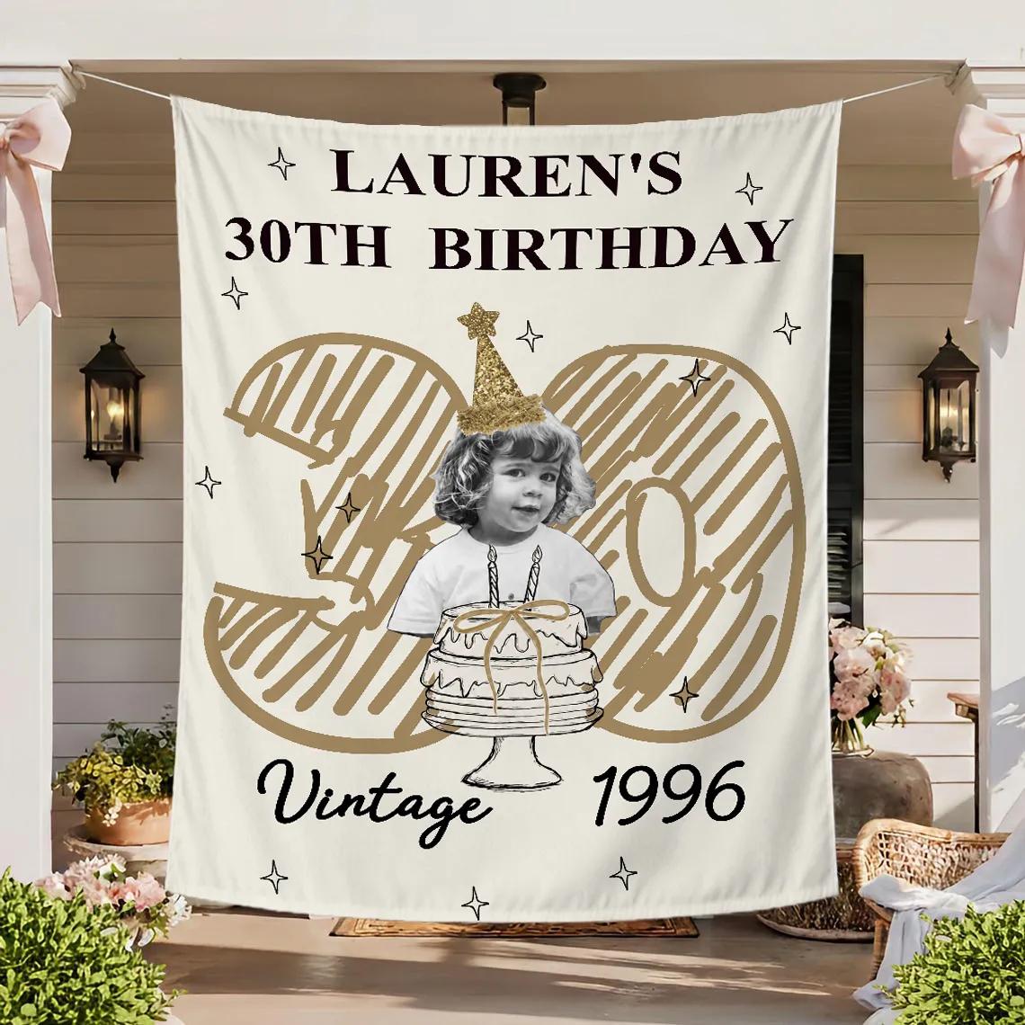 Personalized 30th Birthday Silk Banner with Vintage Photo Design Custom Party Backdrop Off-White Background Gold Sketchy Numbers 1996