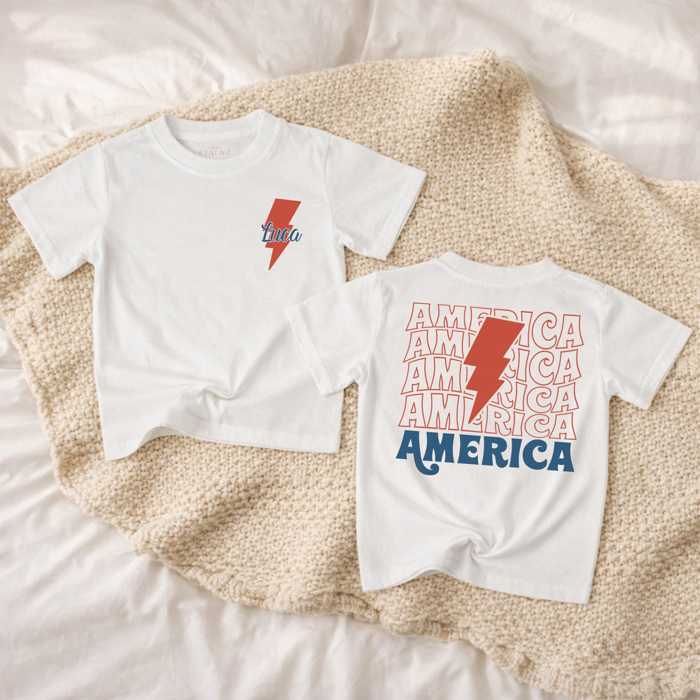 Personalized 4th of July Baby Boy Romper with Retro Lightning Bolt Design, Patriotic Toddler Outfit for Holiday Celebrations America Theme
