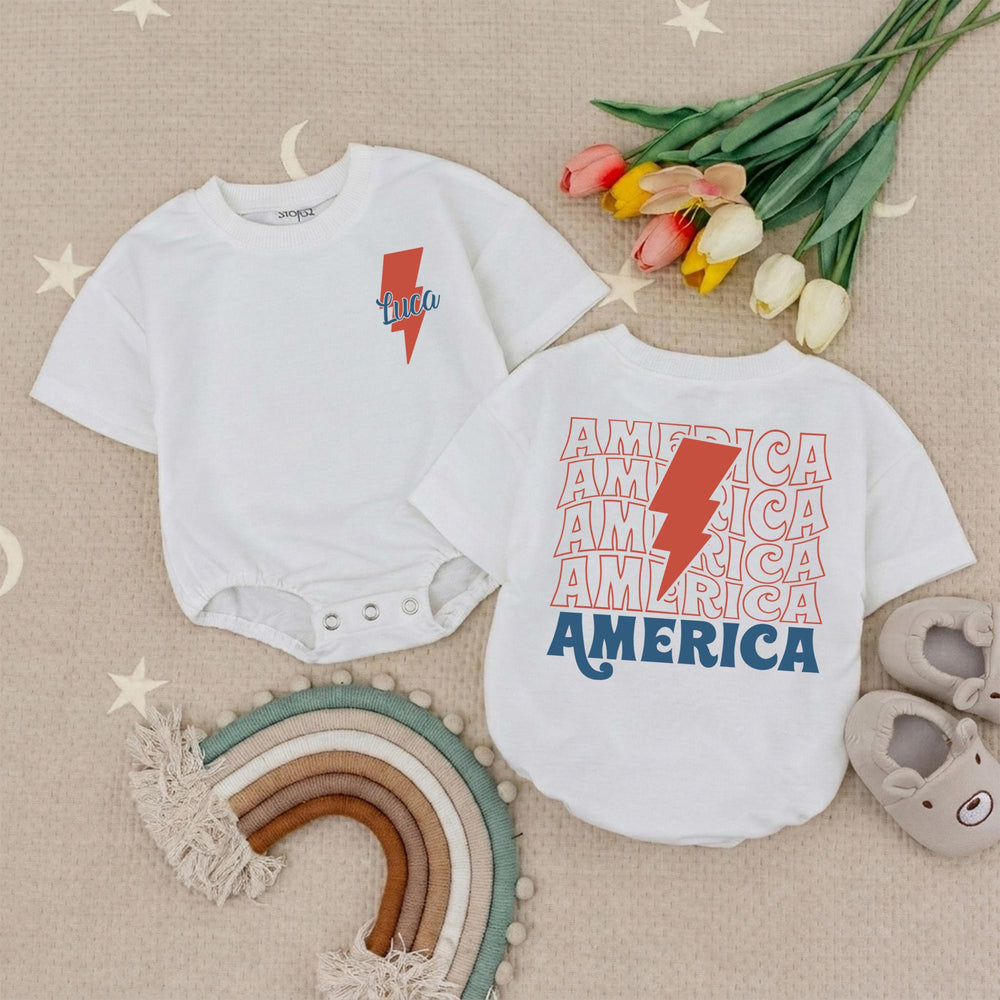 Personalized 4th of July Baby Boy Romper with Retro Lightning Bolt Design, Patriotic Toddler Outfit for Holiday Celebrations America Theme