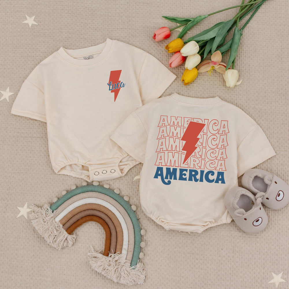 Personalized 4th of July Baby Boy Romper with Retro Lightning Bolt Design, Patriotic Toddler Outfit for Holiday Celebrations America Theme