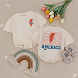 Personalized 4th of July Baby Boy Romper with Retro Lightning Bolt Design, Patriotic Toddler Outfit for Holiday Celebrations America Theme
