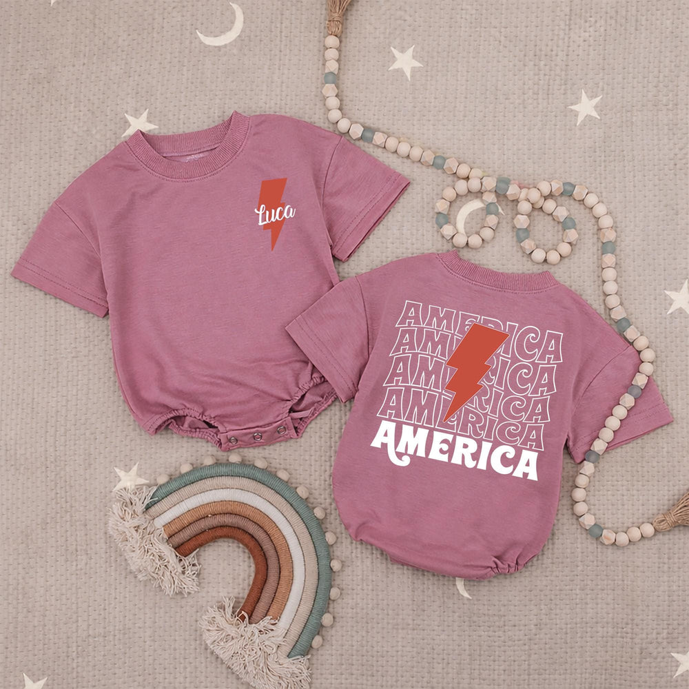 Personalized 4th of July Baby Boy Romper with Retro Lightning Bolt Design, Patriotic Toddler Outfit for Holiday Celebrations America Theme