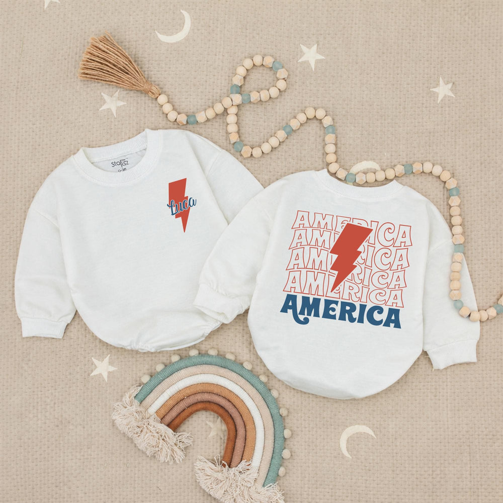 Personalized 4th of July Baby Boy Romper with Retro Lightning Bolt Design, Patriotic Toddler Outfit for Holiday Celebrations America Theme