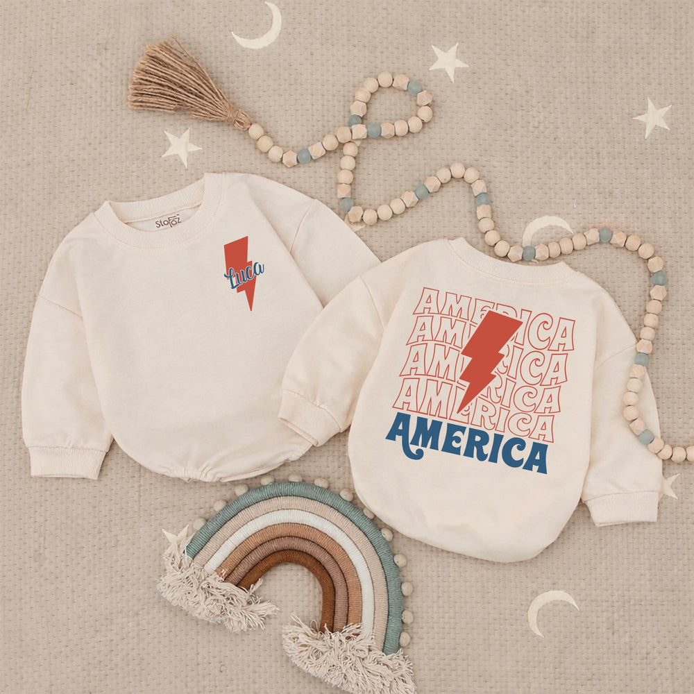 Personalized 4th of July Baby Boy Romper with Retro Lightning Bolt Design, Patriotic Toddler Outfit for Holiday Celebrations America Theme