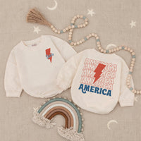 Personalized 4th of July Baby Boy Romper with Retro Lightning Bolt Design, Patriotic Toddler Outfit for Holiday Celebrations America Theme