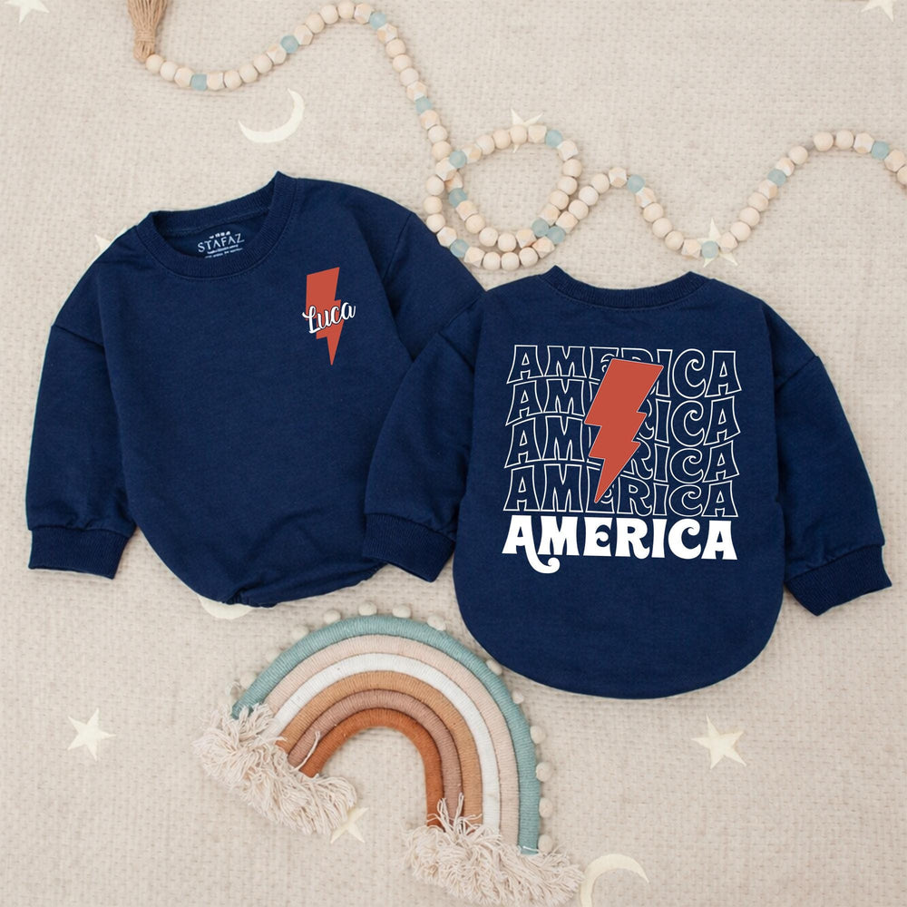 Personalized 4th of July Baby Boy Romper with Retro Lightning Bolt Design, Patriotic Toddler Outfit for Holiday Celebrations America Theme