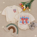 Personalized 4th of July Baby Girl Outfit with America Bow, Custom Name Bubble Romper, Patriotic Red White Blue Summer Holiday Gift