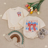 Personalized 4th of July Baby Girl Outfit with America Bow, Custom Name Bubble Romper, Patriotic Red White Blue Summer Holiday Gift