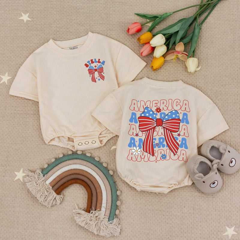 Personalized 4th of July Baby Girl Outfit with America Bow, Custom Name Bubble Romper, Patriotic Red White Blue Summer Holiday Gift
