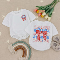 Personalized 4th of July Baby Girl Outfit with America Bow, Custom Name Bubble Romper, Patriotic Red White Blue Summer Holiday Gift