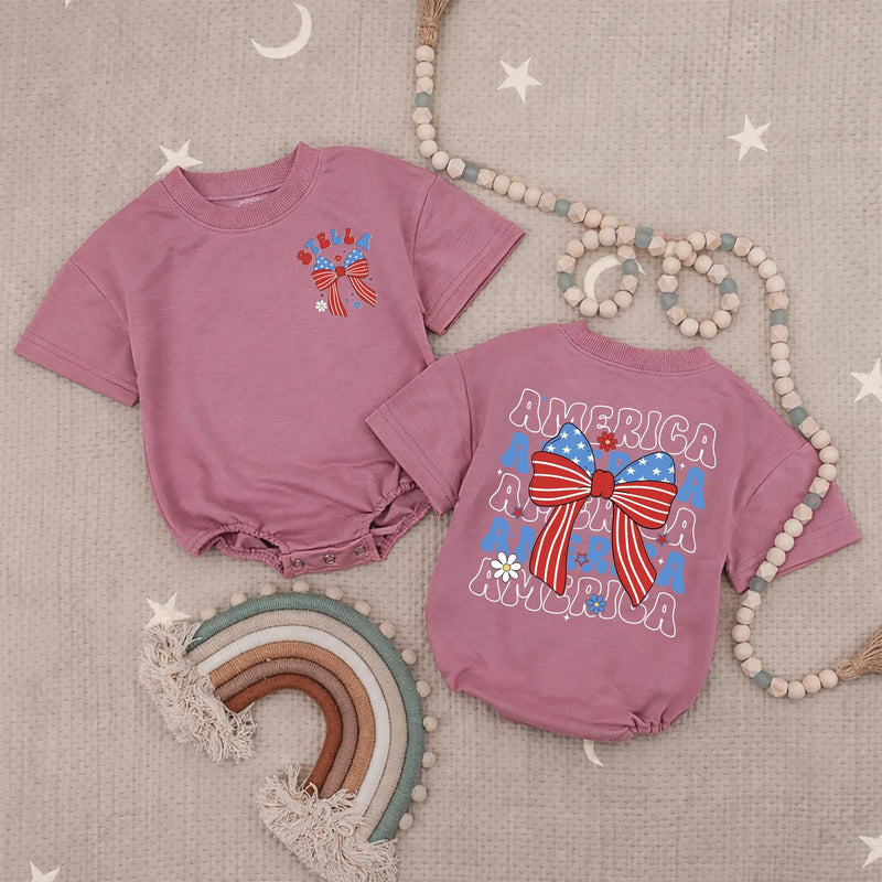 Personalized 4th of July Baby Girl Outfit with America Bow, Custom Name Bubble Romper, Patriotic Red White Blue Summer Holiday Gift