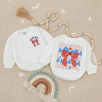 Personalized 4th of July Baby Girl Outfit with America Bow, Custom Name Bubble Romper, Patriotic Red White Blue Summer Holiday Gift