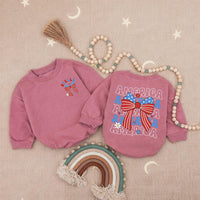 Personalized 4th of July Baby Girl Outfit with America Bow, Custom Name Bubble Romper, Patriotic Red White Blue Summer Holiday Gift