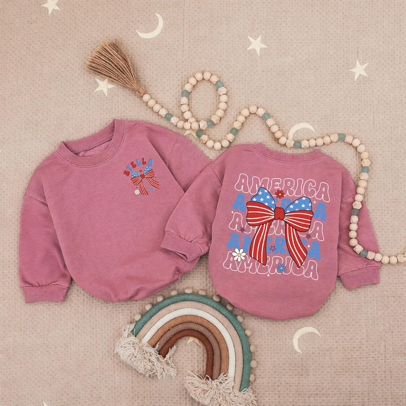 Personalized 4th of July Baby Girl Outfit with America Bow, Custom Name Bubble Romper, Patriotic Red White Blue Summer Holiday Gift
