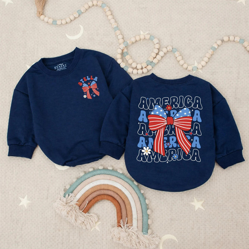 Personalized 4th of July Baby Girl Outfit with America Bow, Custom Name Bubble Romper, Patriotic Red White Blue Summer Holiday Gift