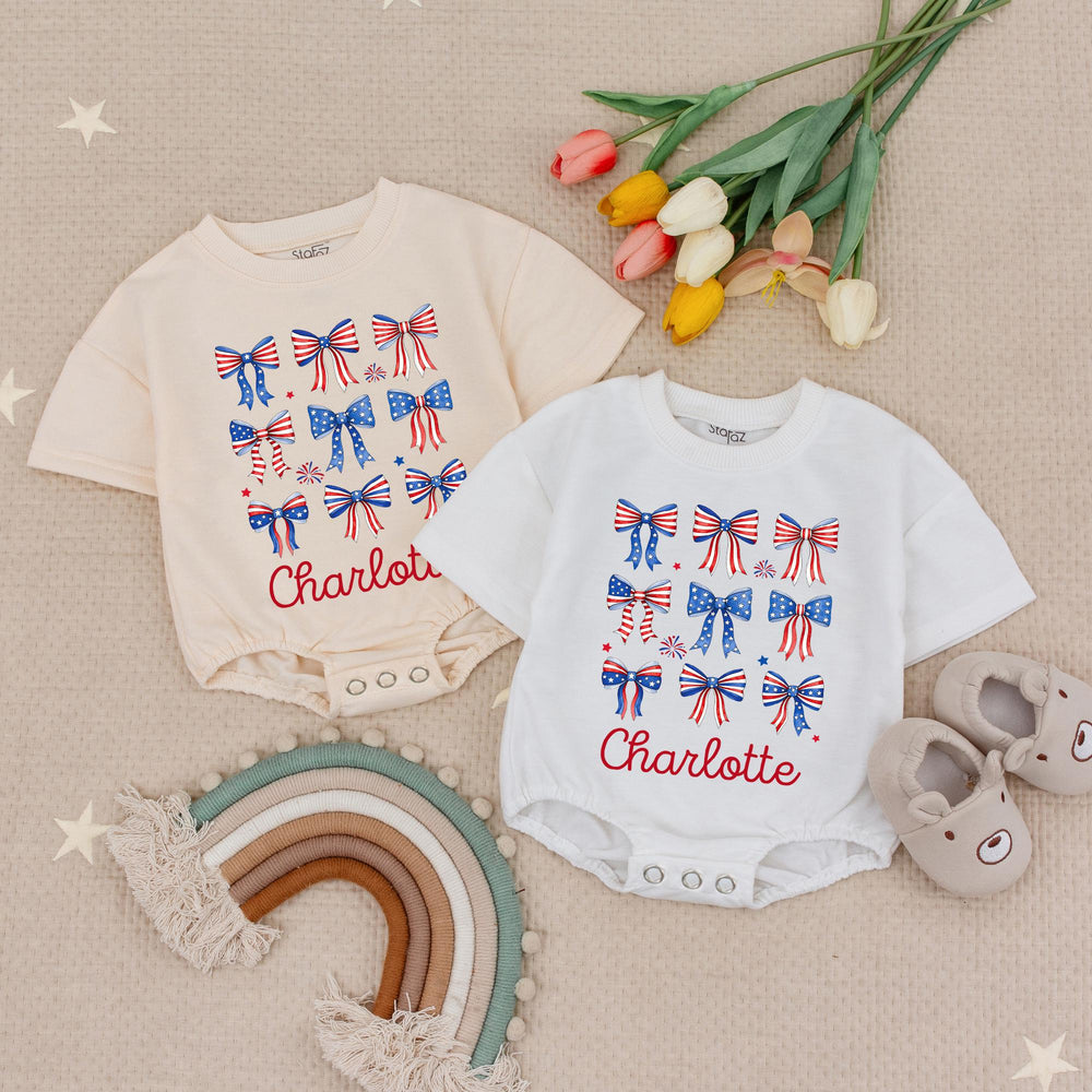 Personalized 4th of July Baby Girl Outfit with Patriotic Bows and Name, Retro First Fourth of July Romper, Festive Holiday Bubble
