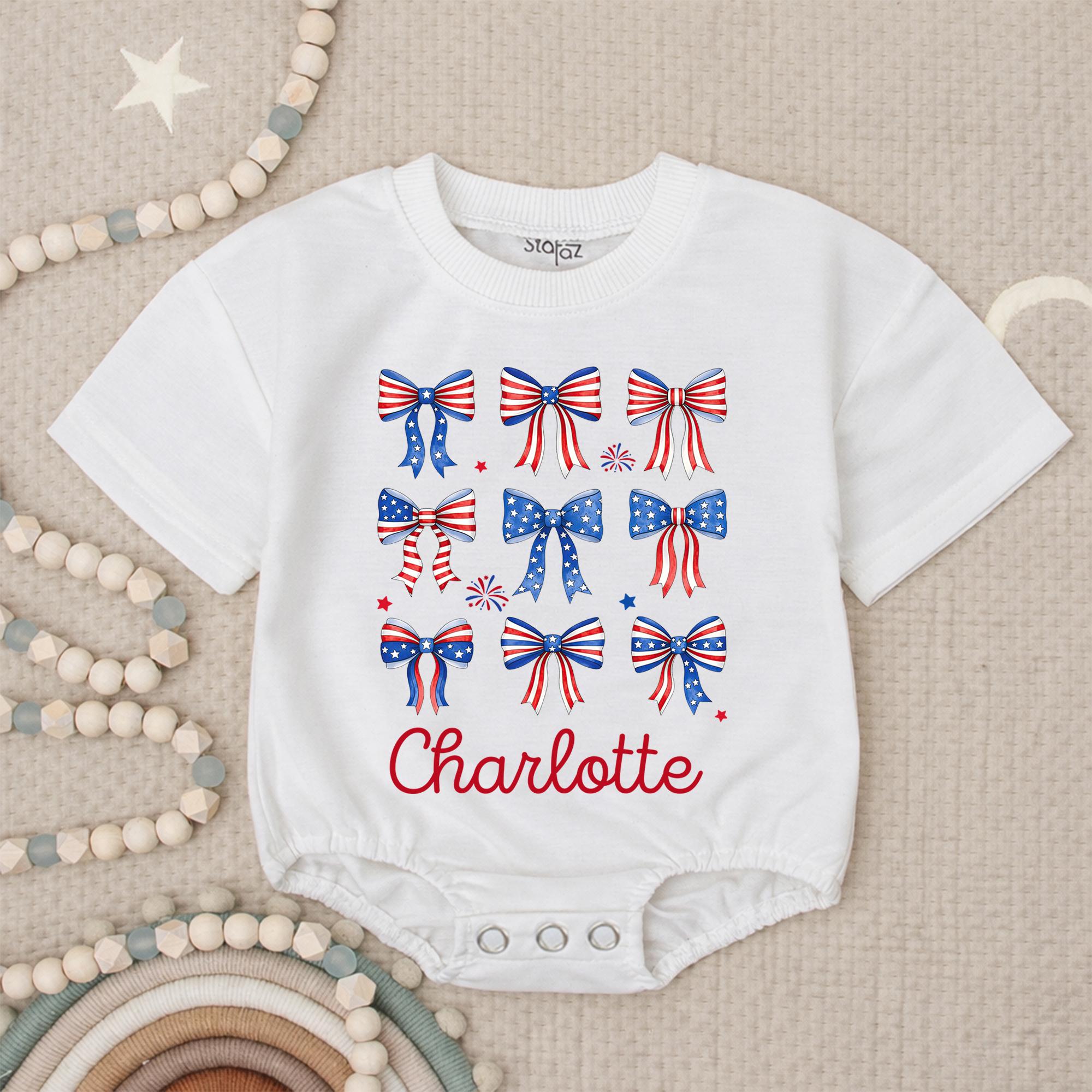 Personalized 4th of July Baby Girl Outfit with Patriotic Bows and Name, Retro First Fourth of July Romper, Festive Holiday Bubble