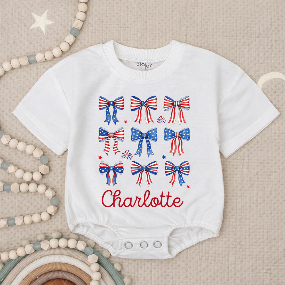 Personalized 4th of July Baby Girl Outfit with Patriotic Bows and Name, Retro First Fourth of July Romper, Festive Holiday Bubble