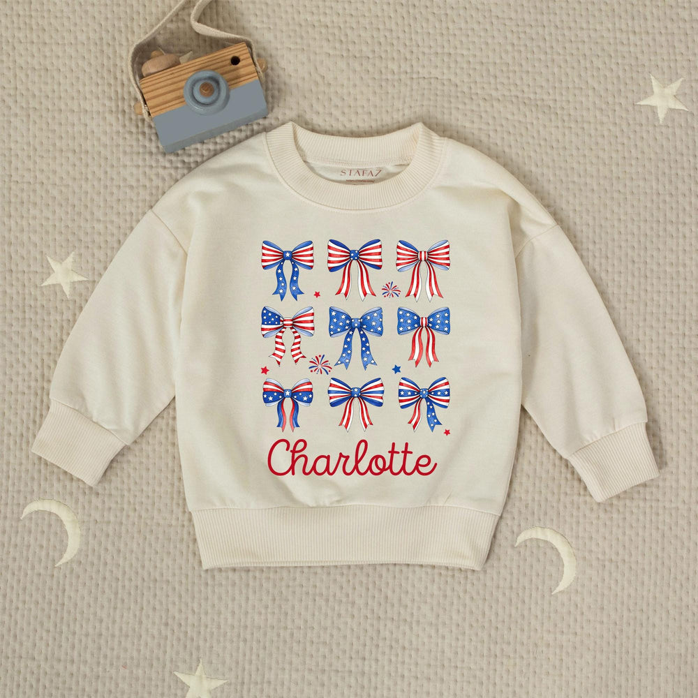 Personalized 4th of July Baby Girl Outfit with Patriotic Bows and Name, Retro First Fourth of July Romper, Festive Holiday Bubble