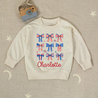 Personalized 4th of July Baby Girl Outfit with Patriotic Bows and Name, Retro First Fourth of July Romper, Festive Holiday Bubble