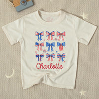 Personalized 4th of July Baby Girl Outfit with Patriotic Bows and Name, Retro First Fourth of July Romper, Festive Holiday Bubble