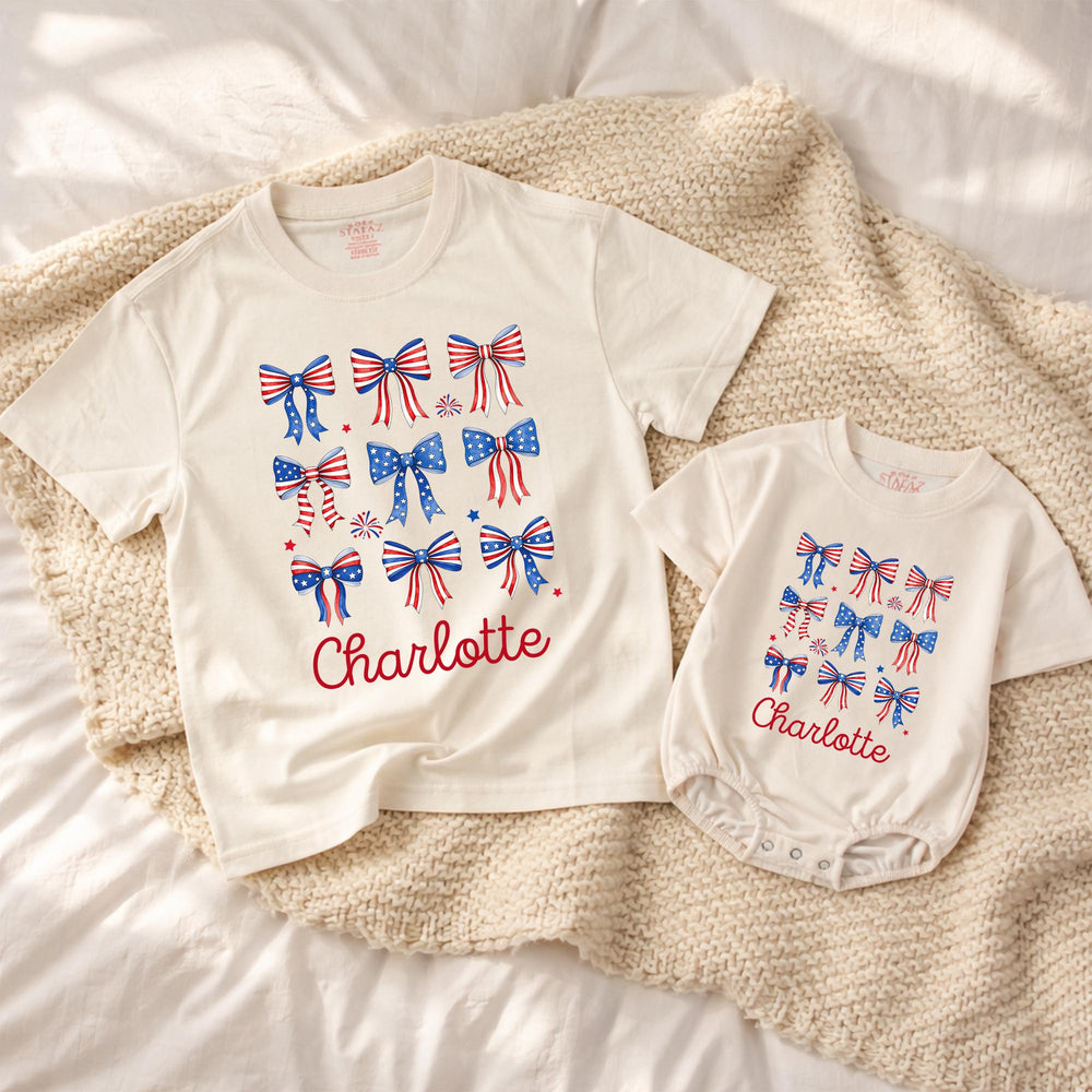 Personalized 4th of July Baby Girl Outfit with Patriotic Bows and Name, Retro First Fourth of July Romper, Festive Holiday Bubble
