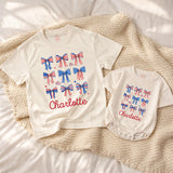 Personalized 4th of July Baby Girl Outfit with Patriotic Bows and Name, Retro First Fourth of July Romper, Festive Holiday Bubble